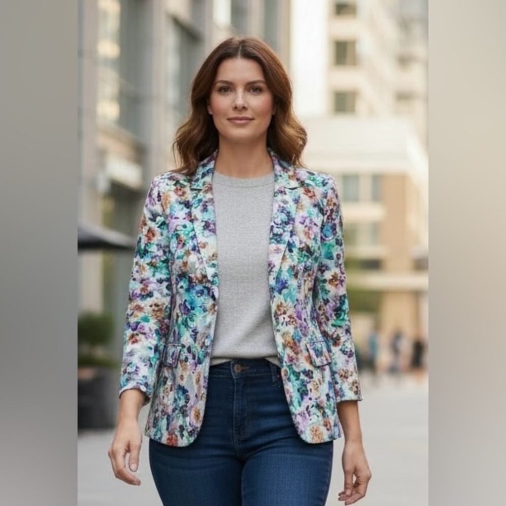 Hinge Watercolor Floral Cottage Cotton Design Blazer (Size S)